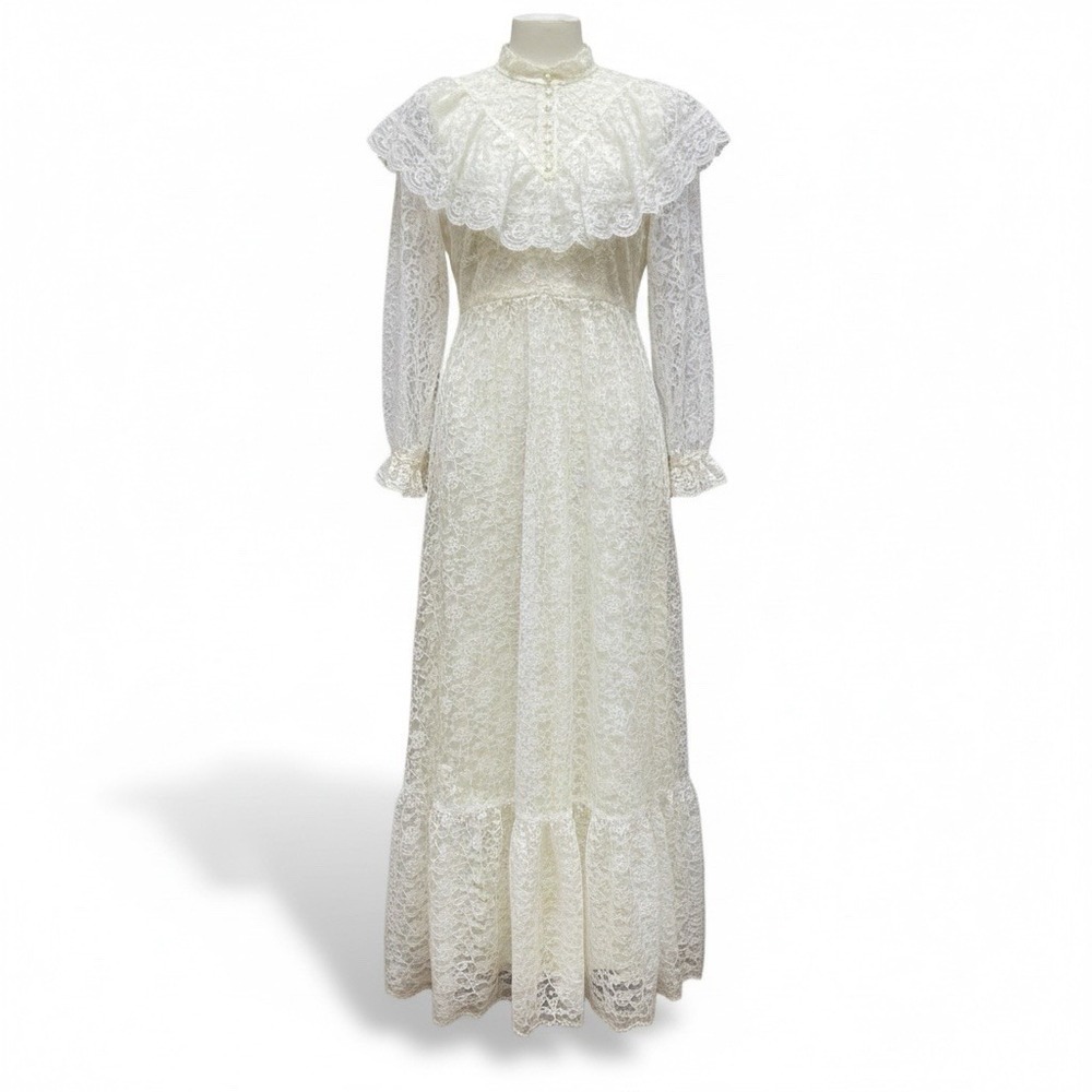 Vintage 80s Union Made Wedding Dress S Cream Lacey Long Sleeve Modest Victorian - Picture 1 of 14